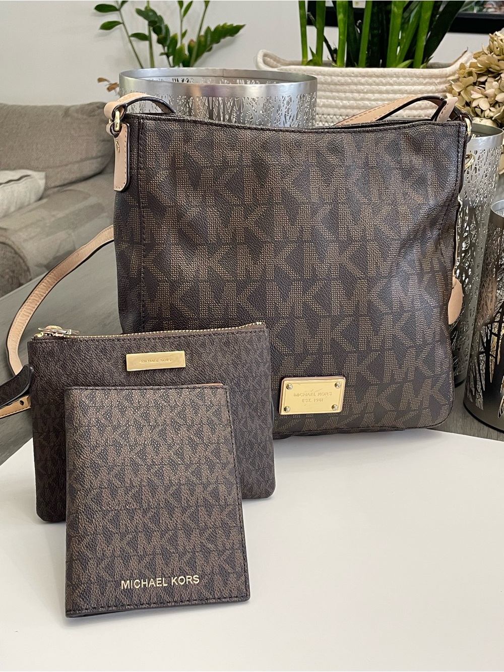 Michael Kors Jet Set Signature Brown Crossbody Bag 3-Piece Set